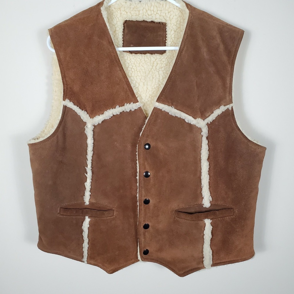 Vintage Brown Suede Leather‎ Shearling Vest Mens L Western Chore Cowboy